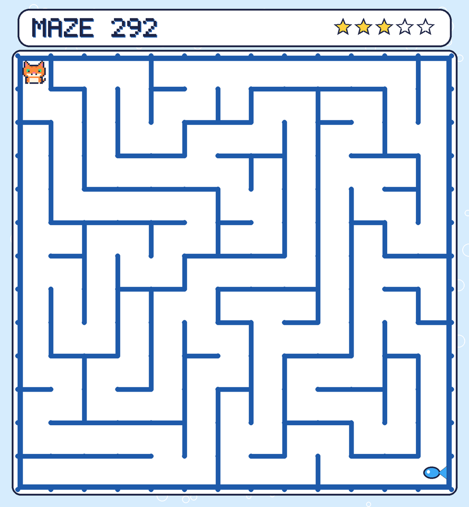 Maze 292. Pixel starts in the top-left corner. The fish is in the bottom-right corner.