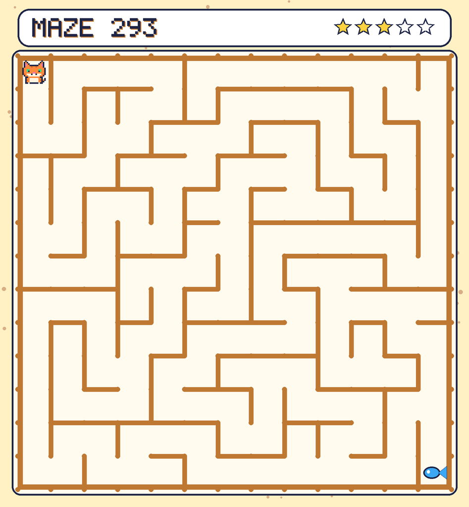 Maze 293. Pixel starts in the top-left corner. The fish is in the bottom-right corner.