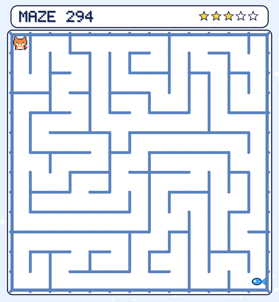 Maze 294. Pixel starts in the top-left corner. The fish is in the bottom-right corner.