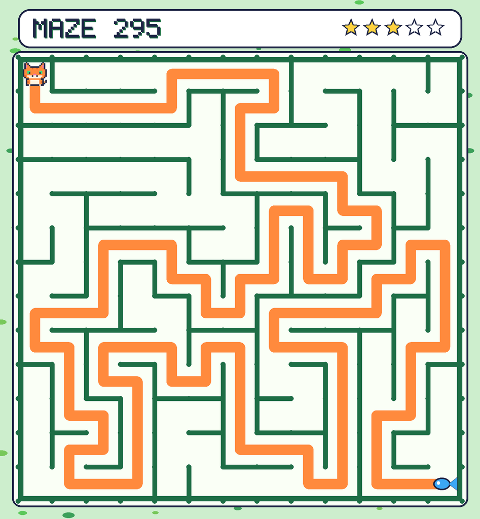 The solved maze 295 with the route drawn as an orange line.