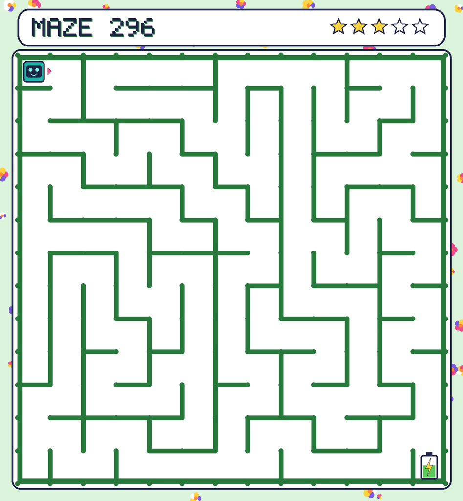 Maze 296. Beep starts in the top-left corner. The battery is in the bottom-right corner.