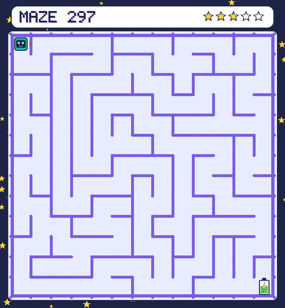Maze 297. Beep starts in the top-left corner. The battery is in the bottom-right corner.