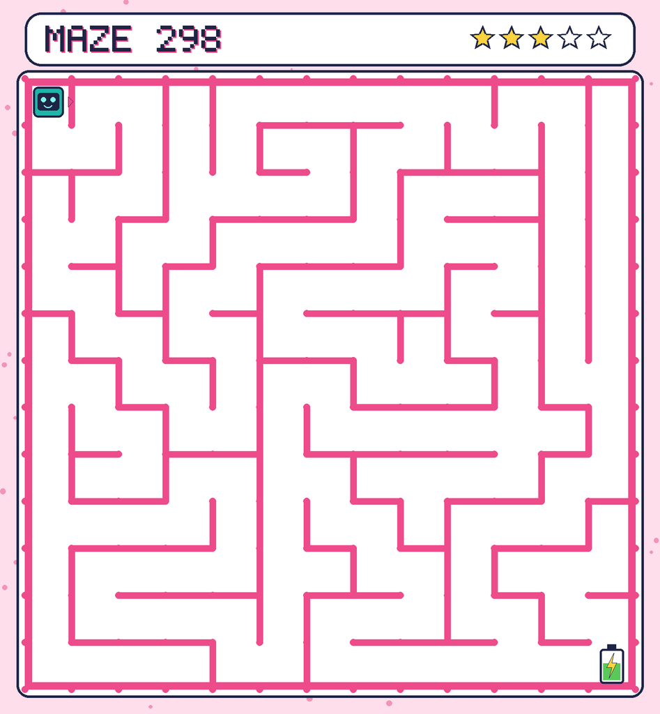 Maze 298. Beep starts in the top-left corner. The battery is in the bottom-right corner.