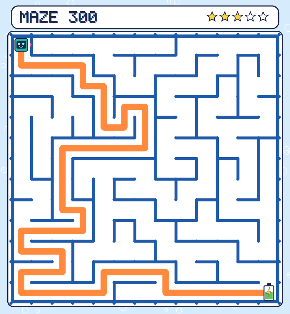 The solved maze 300 with the route drawn as an orange line.