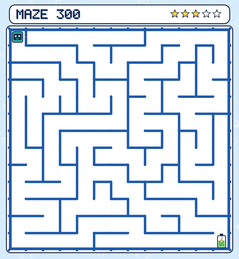 Maze 300. Beep starts in the top-left corner. The battery is in the bottom-right corner.
