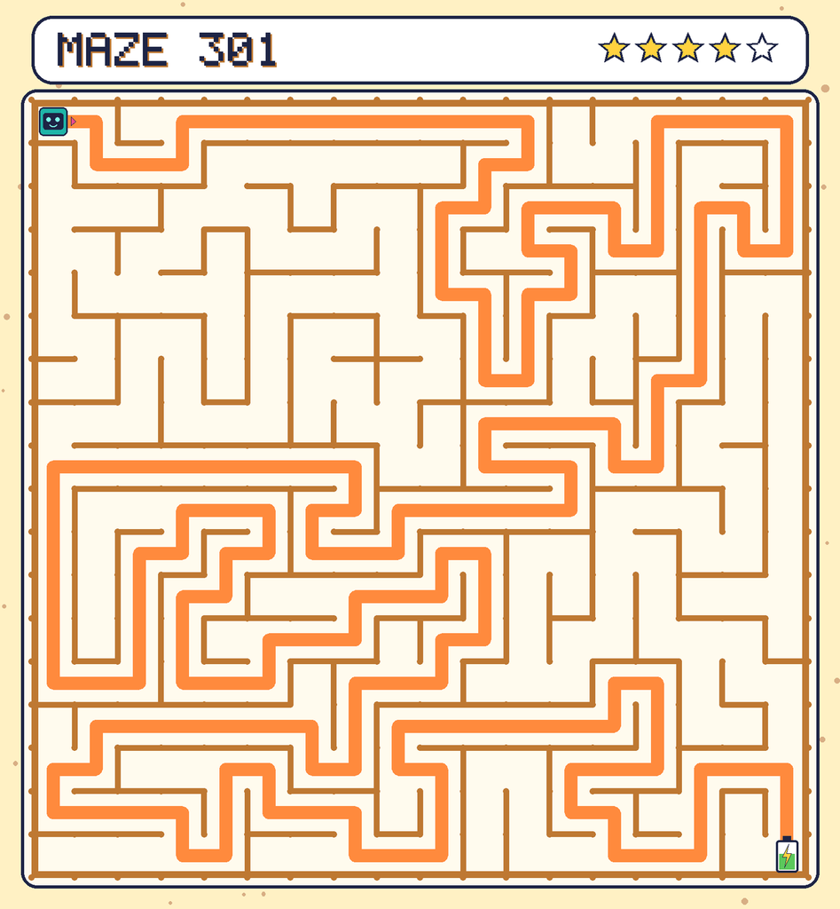 The solved maze 301 with the route drawn as an orange line.