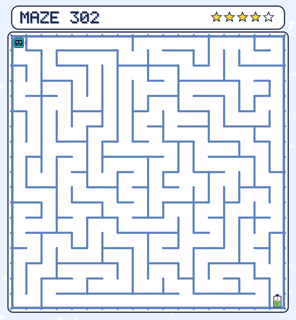 Maze 302. Beep starts in the top-left corner. The battery is in the bottom-right corner.