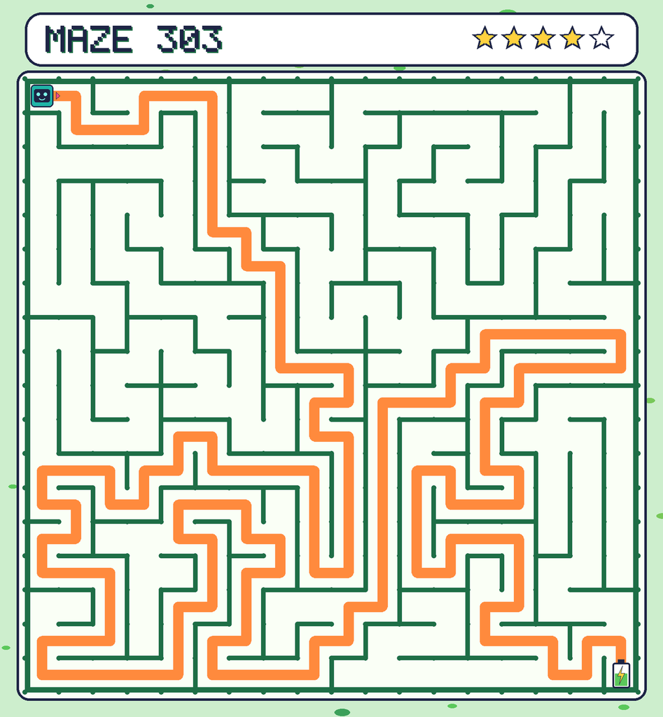 The solved maze 303 with the route drawn as an orange line.