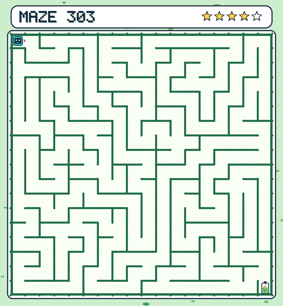 Maze 303. Beep starts in the top-left corner. The battery is in the bottom-right corner.