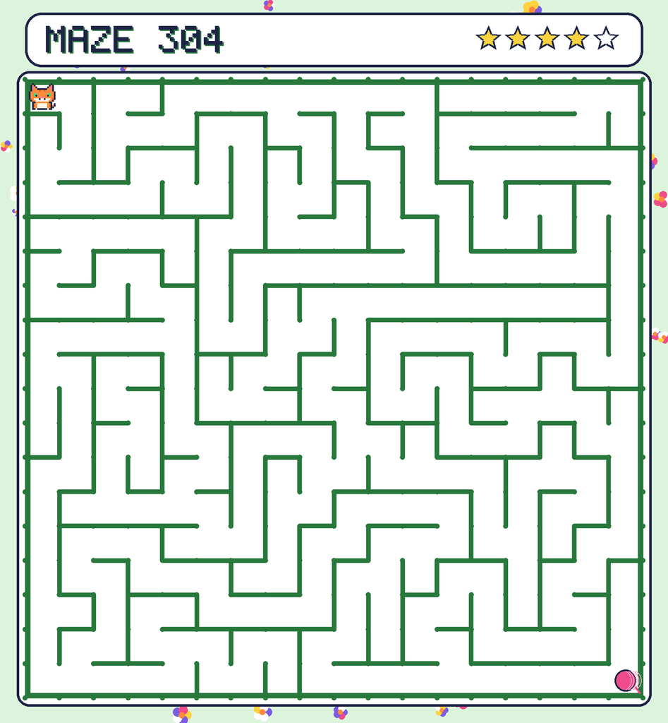 Maze 304. Pixel starts in the top-left corner. The ball of yarn is in the bottom-right corner.