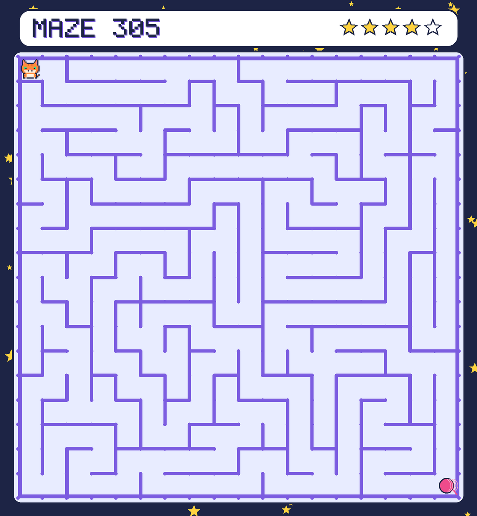 Maze 305. Pixel starts in the top-left corner. The ball of yarn is in the bottom-right corner.