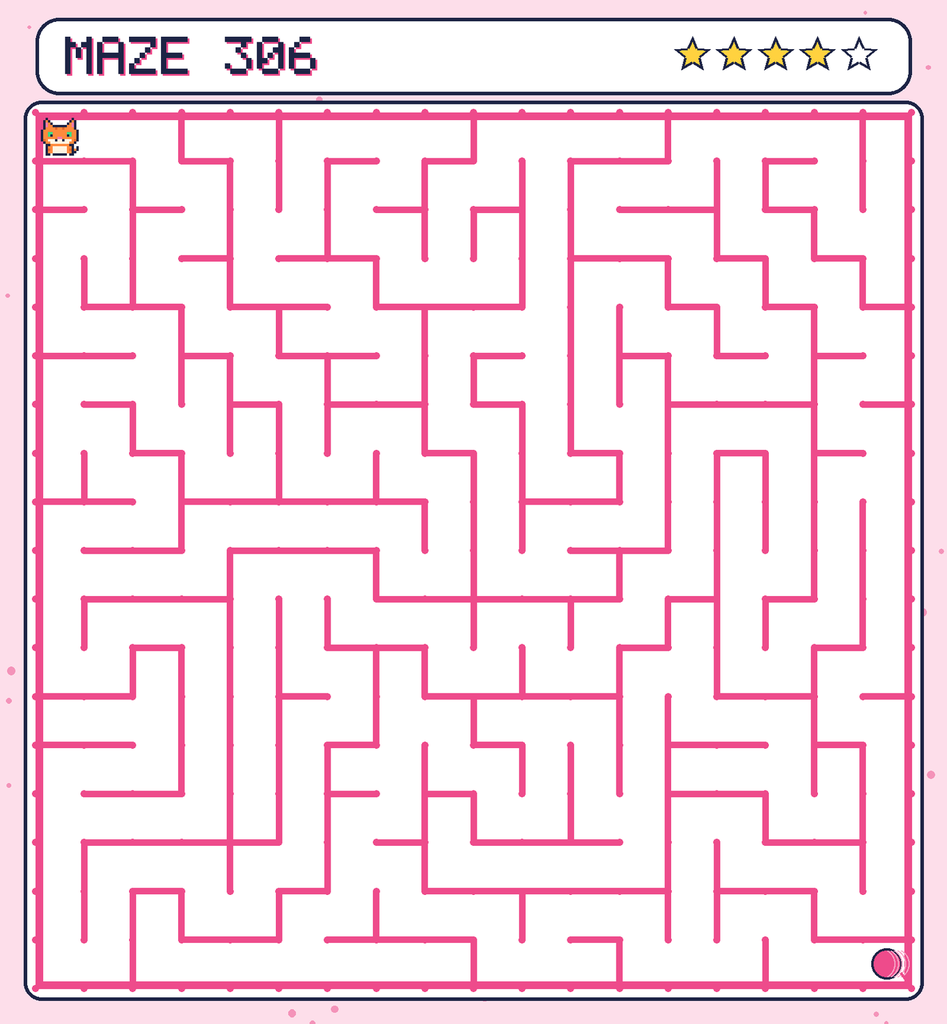 Maze 306. Pixel starts in the top-left corner. The ball of yarn is in the bottom-right corner.
