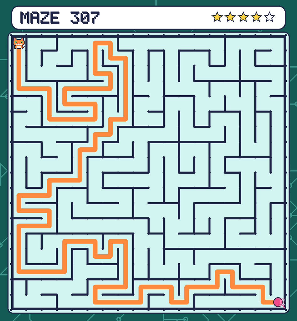 The solved maze 307 with the route drawn as an orange line.