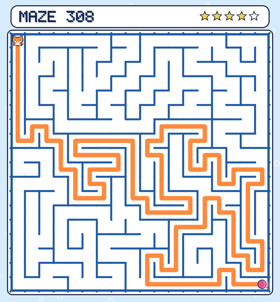 The solved maze 308 with the route drawn as an orange line.