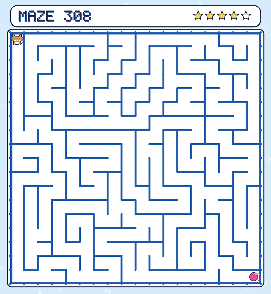 Maze 308. Pixel starts in the top-left corner. The ball of yarn is in the bottom-right corner.