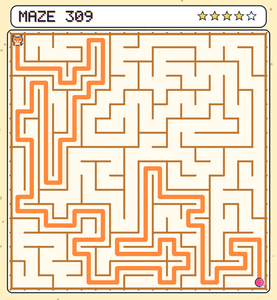 The solved maze 309 with the route drawn as an orange line.
