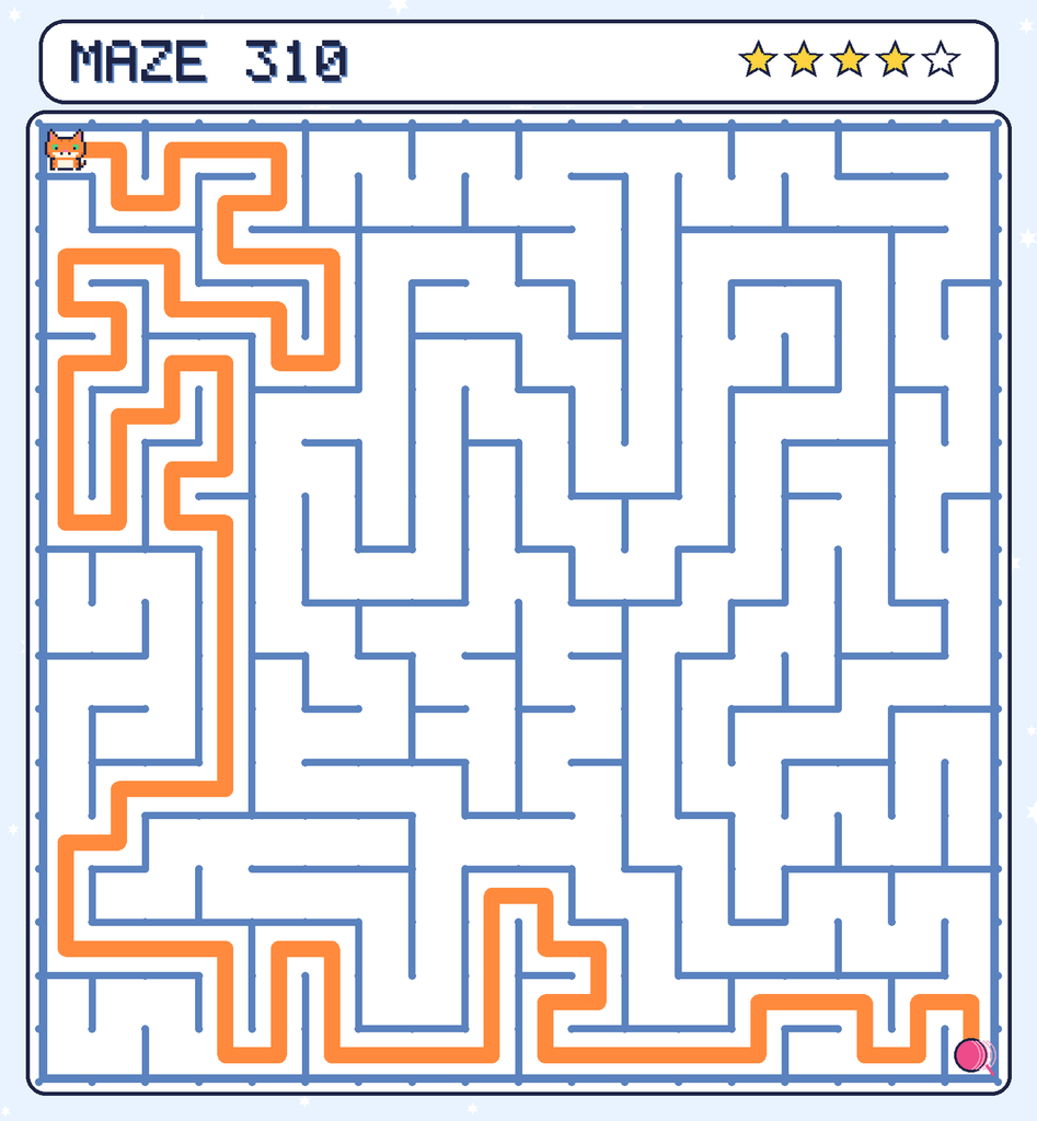 The solved maze 310 with the route drawn as an orange line.