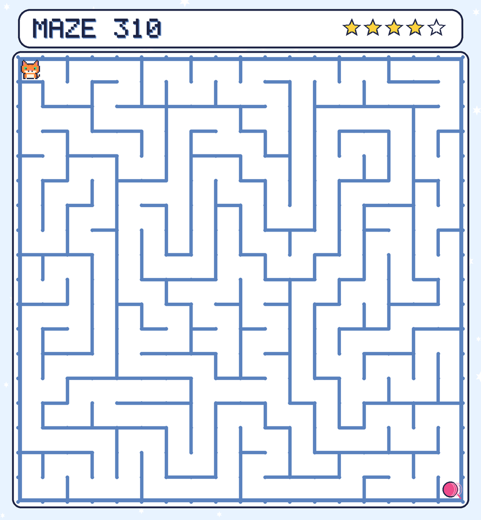 Maze 310. Pixel starts in the top-left corner. The ball of yarn is in the bottom-right corner.