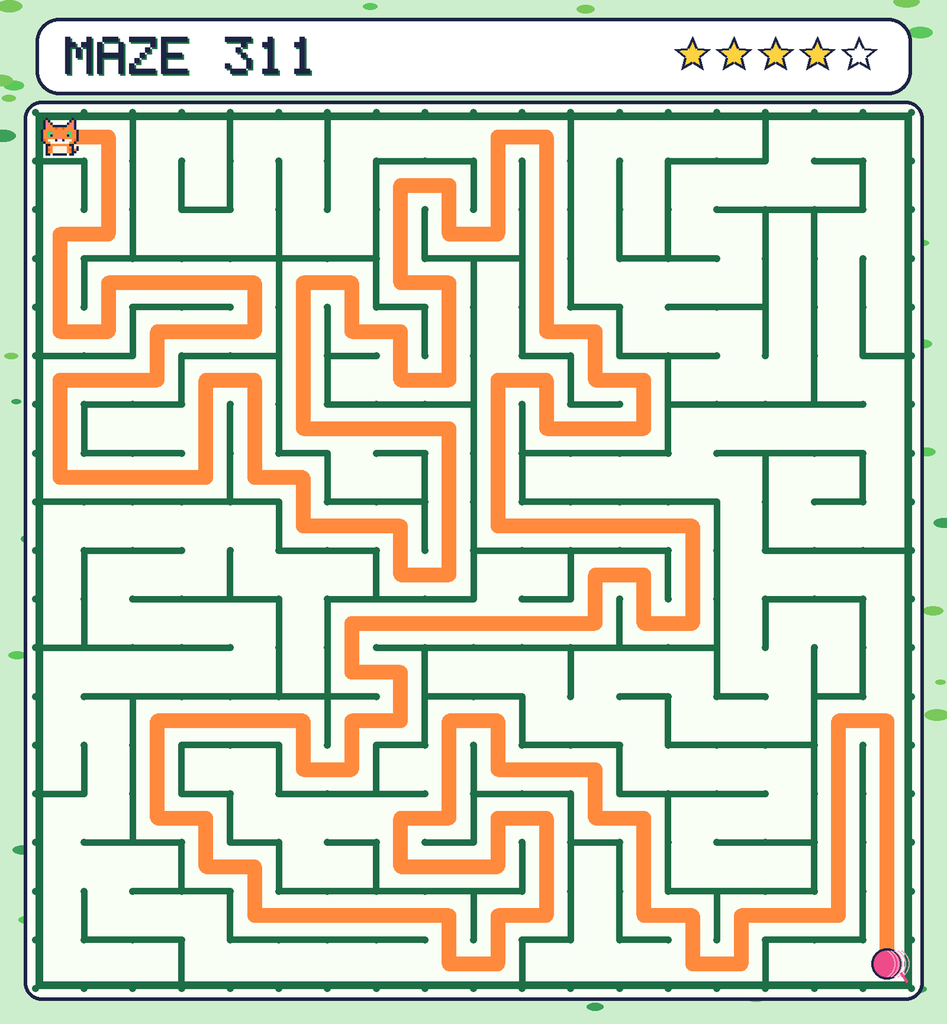 The solved maze 311 with the route drawn as an orange line.