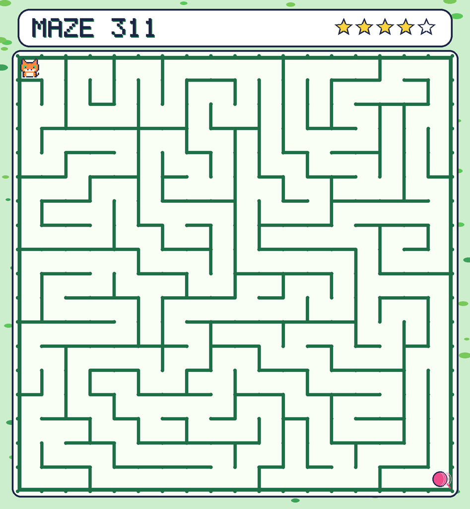 Maze 311. Pixel starts in the top-left corner. The ball of yarn is in the bottom-right corner.