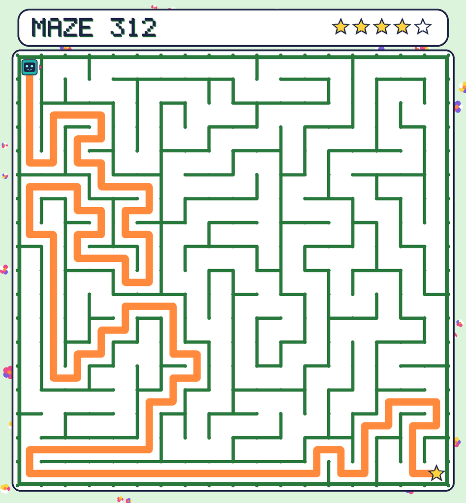 The solved maze 312 with the route drawn as an orange line.