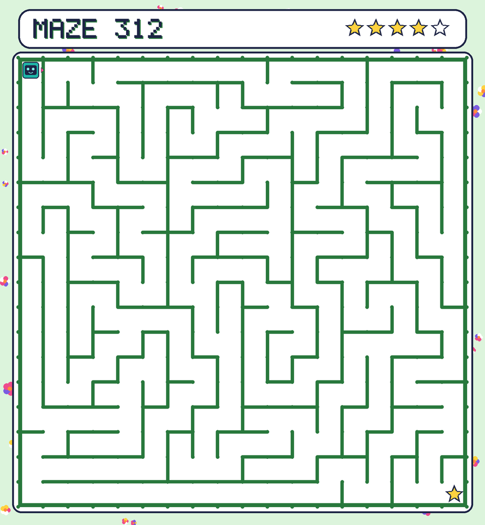 Maze 312. Beep starts in the top-left corner. The gold star is in the bottom-right corner.