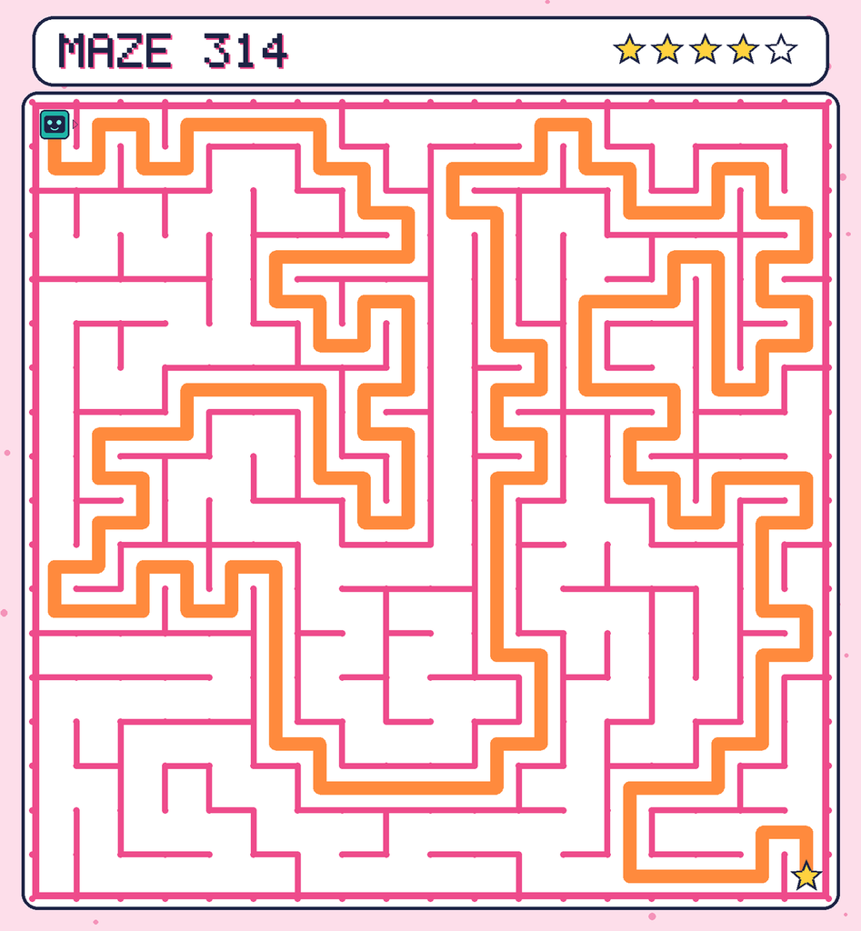The solved maze 314 with the route drawn as an orange line.