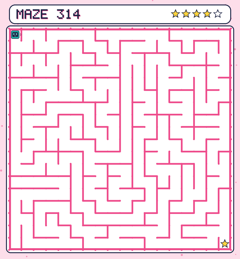 Maze 314. Beep starts in the top-left corner. The gold star is in the bottom-right corner.