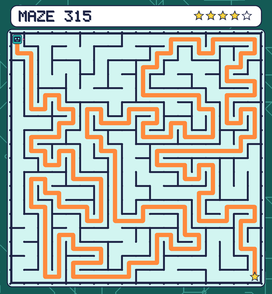 The solved maze 315 with the route drawn as an orange line.