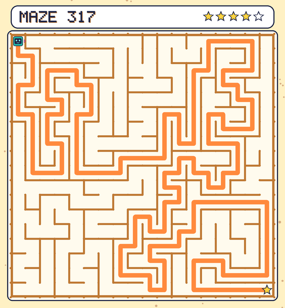 The solved maze 317 with the route drawn as an orange line.