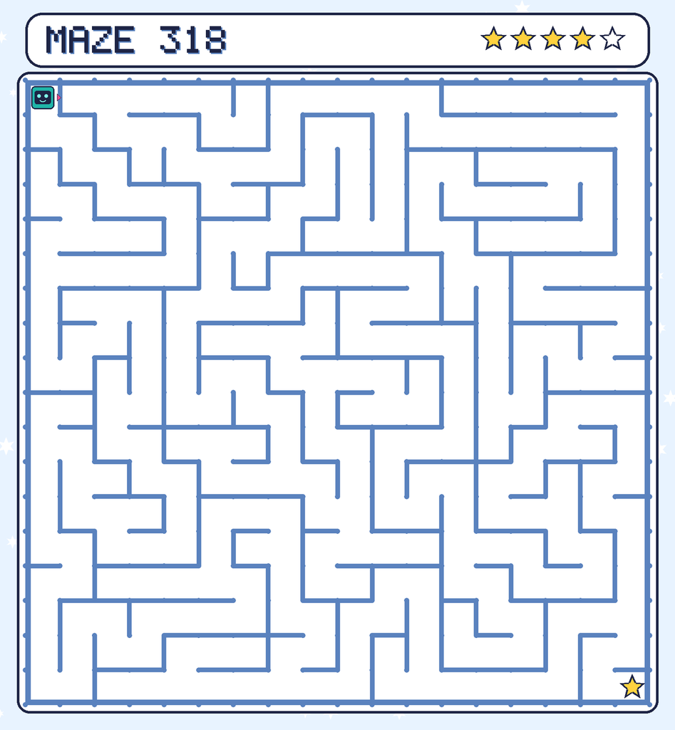 Maze 318. Beep starts in the top-left corner. The gold star is in the bottom-right corner.