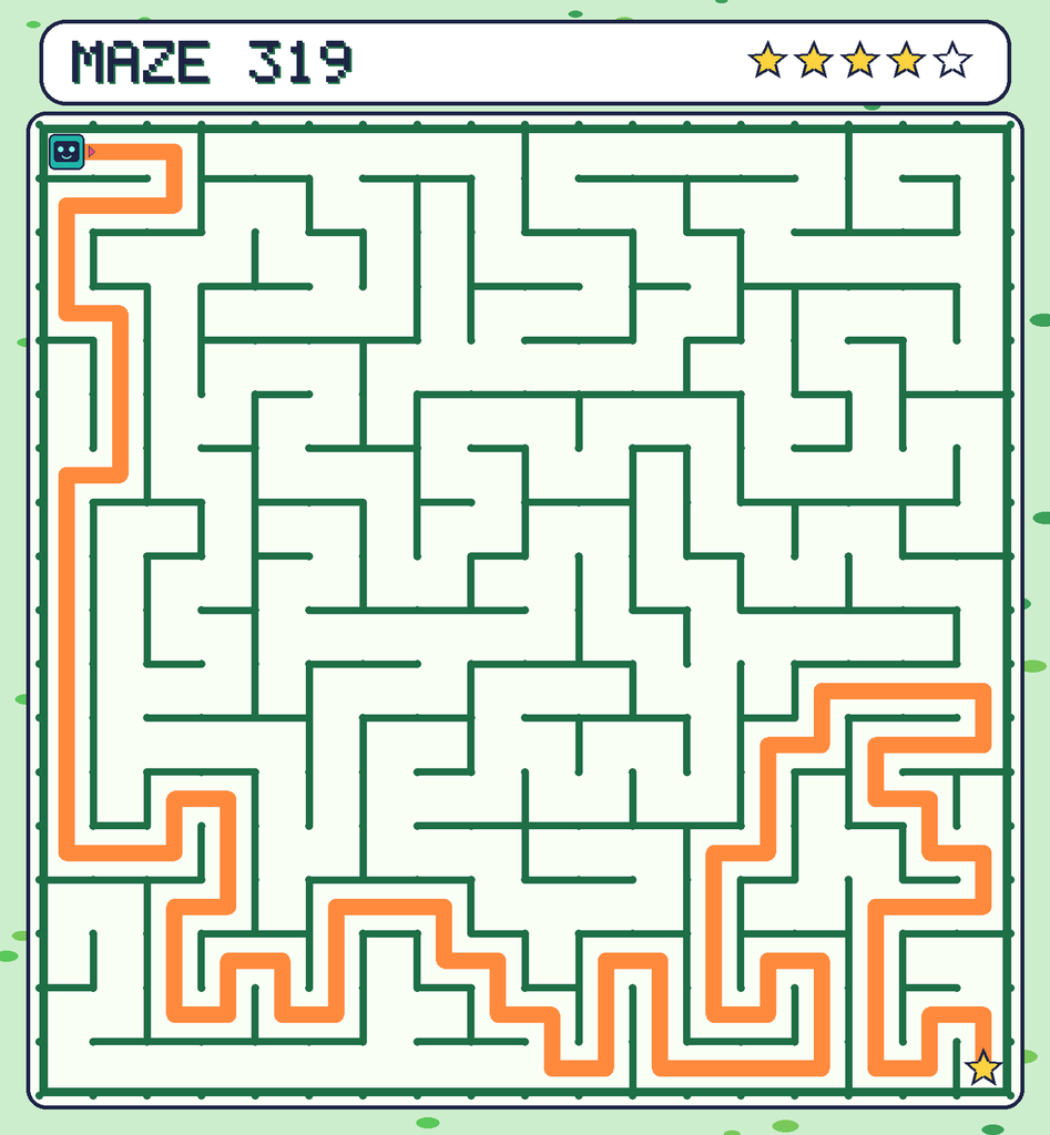 The solved maze 319 with the route drawn as an orange line.