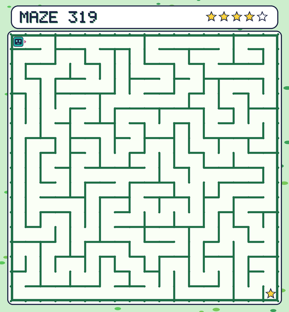 Maze 319. Beep starts in the top-left corner. The gold star is in the bottom-right corner.