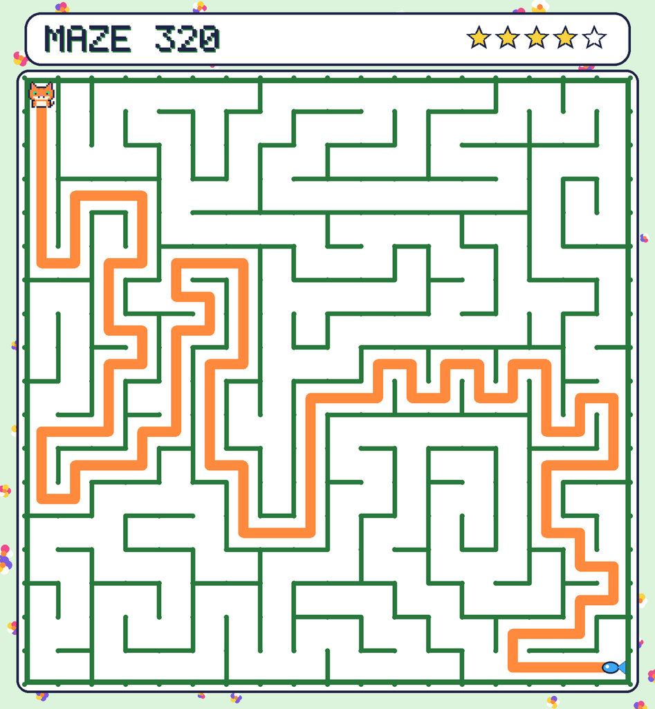 The solved maze 320 with the route drawn as an orange line.