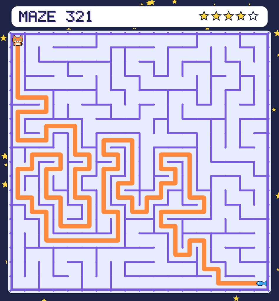 The solved maze 321 with the route drawn as an orange line.