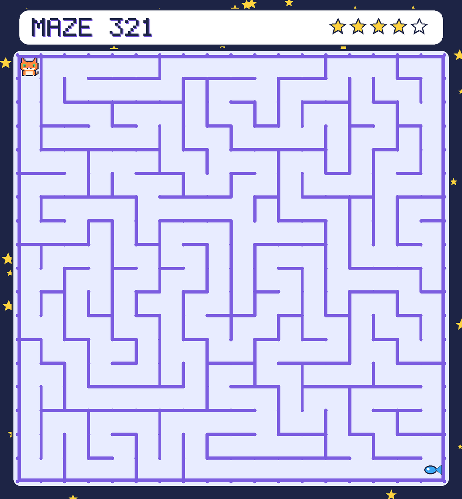 Maze 321. Pixel starts in the top-left corner. The fish is in the bottom-right corner.