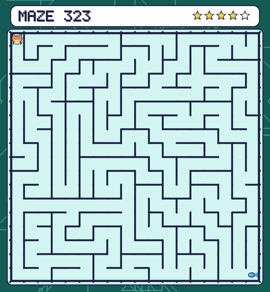 Maze 323. Pixel starts in the top-left corner. The fish is in the bottom-right corner.