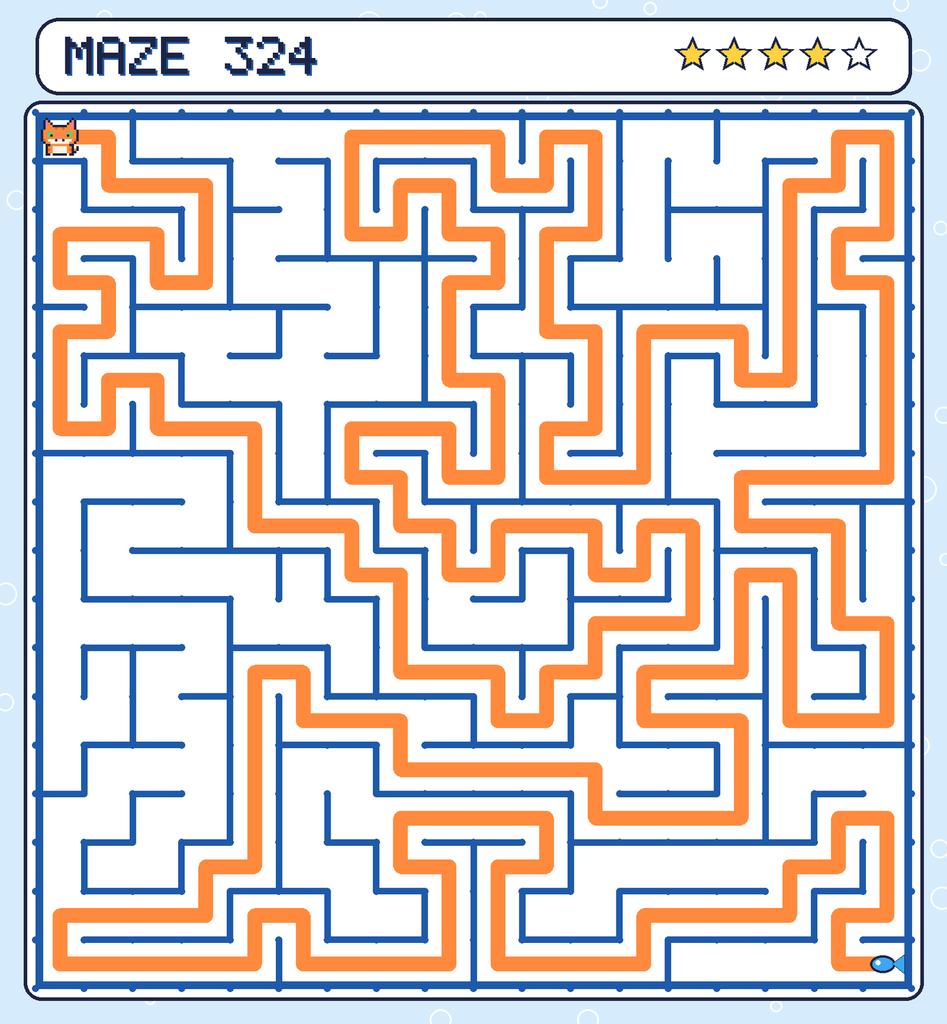 The solved maze 324 with the route drawn as an orange line.