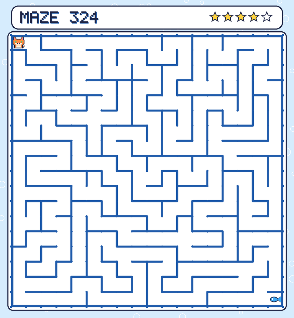 Maze 324. Pixel starts in the top-left corner. The fish is in the bottom-right corner.