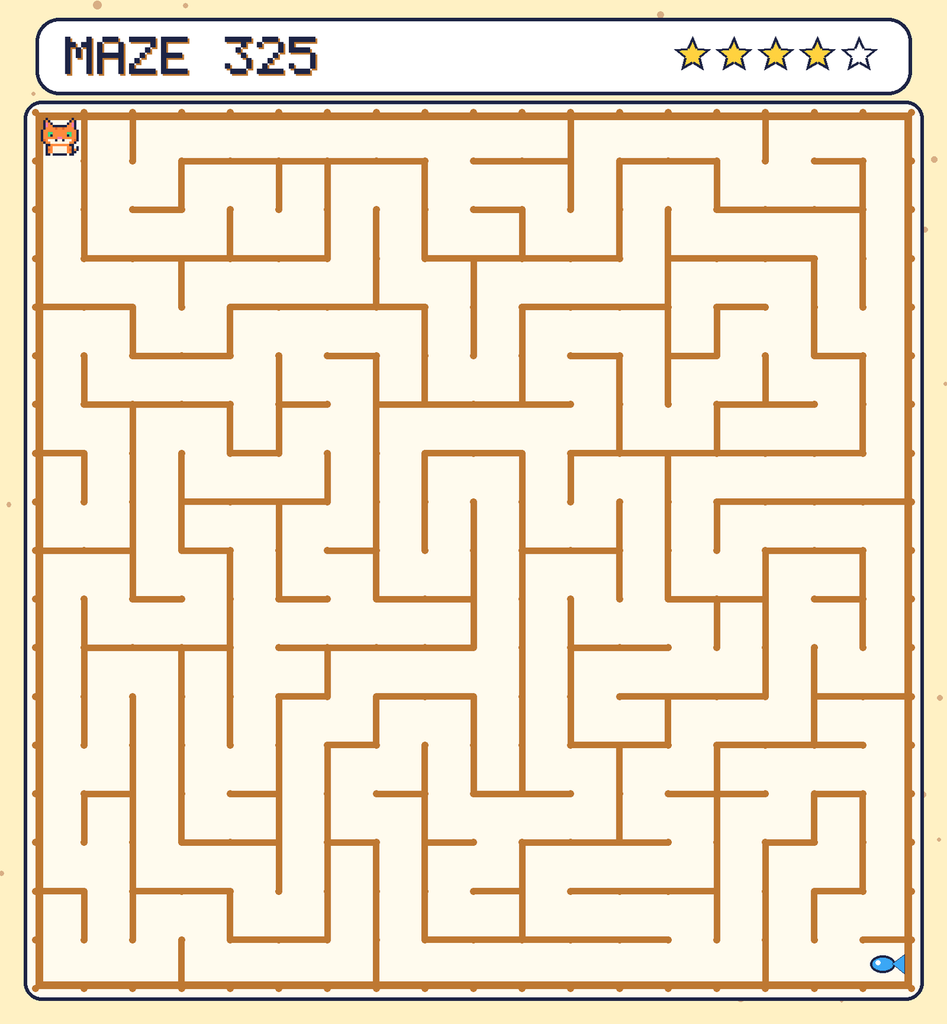Maze 325. Pixel starts in the top-left corner. The fish is in the bottom-right corner.