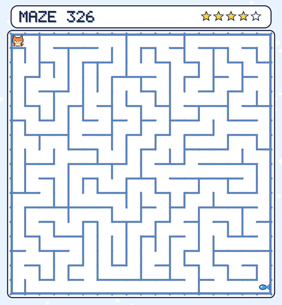 Maze 326. Pixel starts in the top-left corner. The fish is in the bottom-right corner.