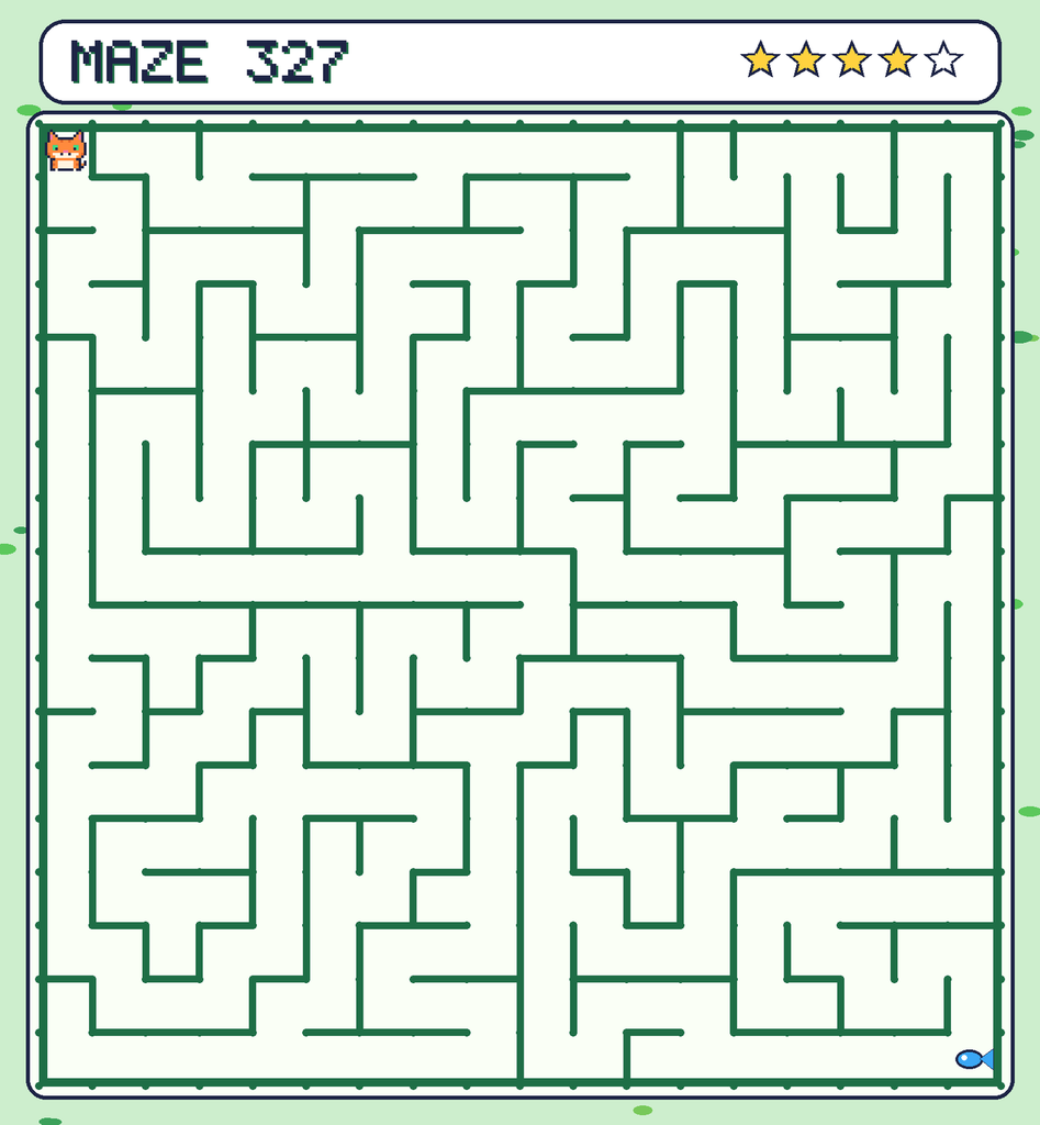 Maze 327. Pixel starts in the top-left corner. The fish is in the bottom-right corner.
