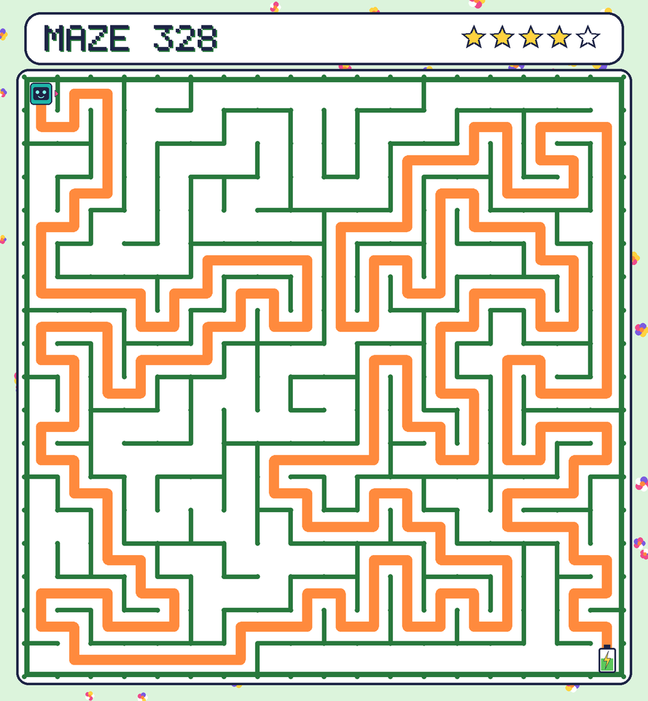 The solved maze 328 with the route drawn as an orange line.