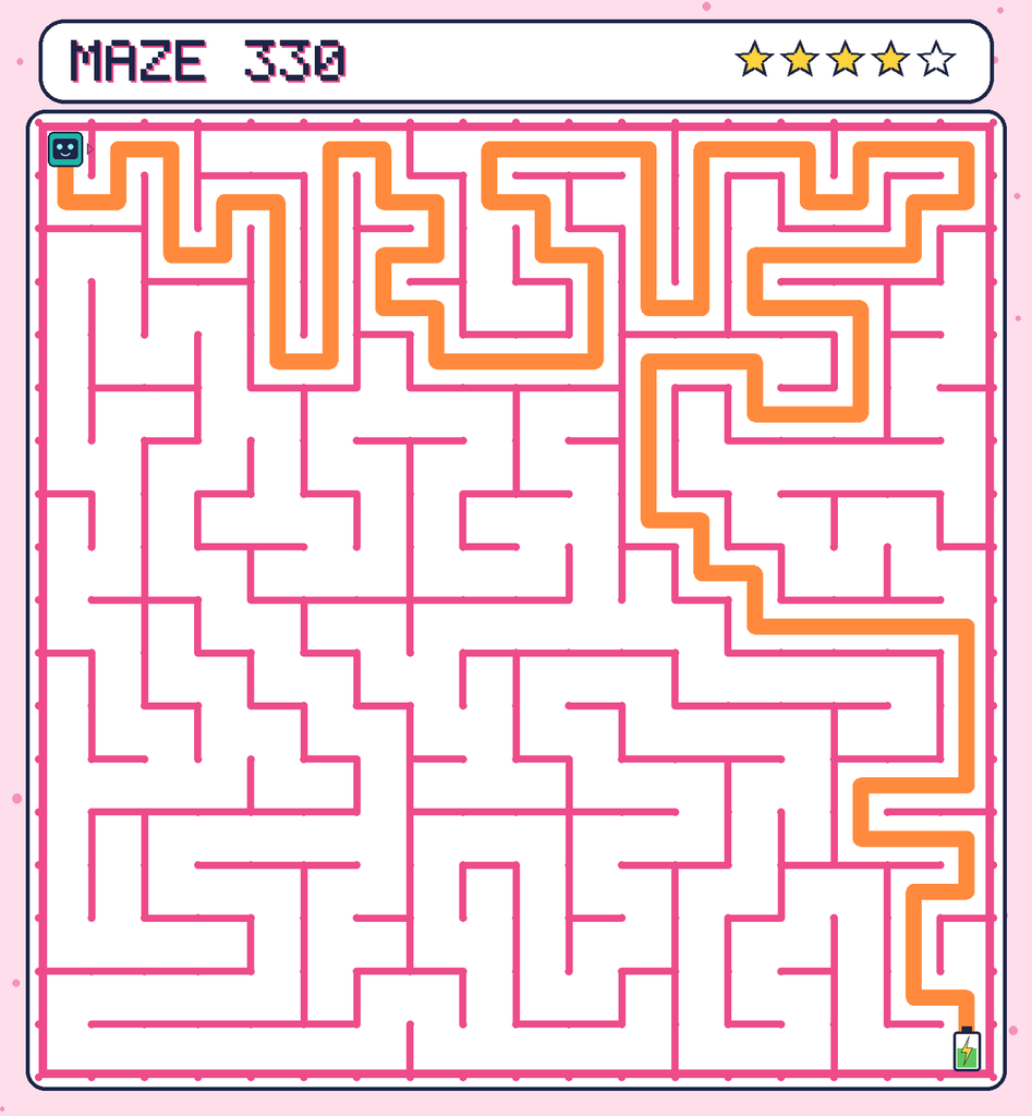 The solved maze 330 with the route drawn as an orange line.