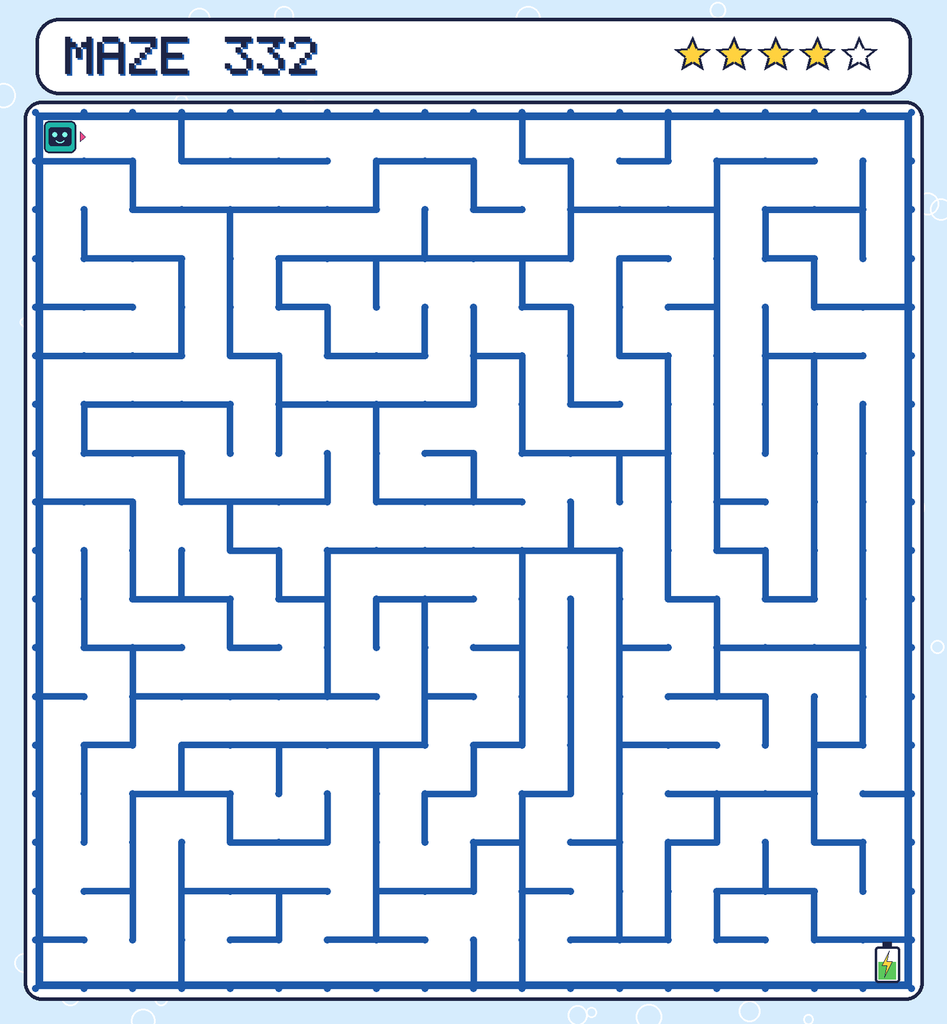 Maze 332. Beep starts in the top-left corner. The battery is in the bottom-right corner.