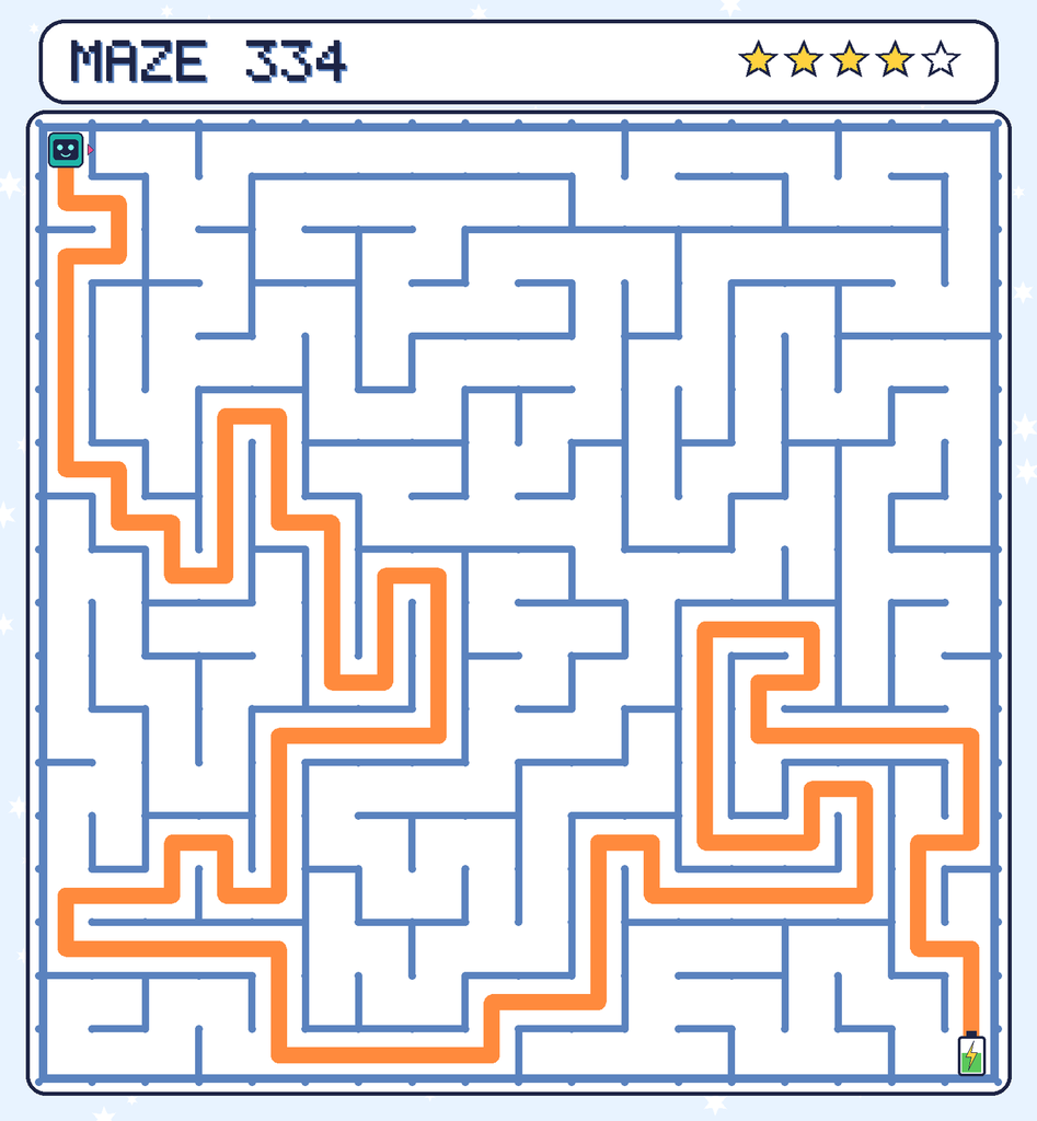 The solved maze 334 with the route drawn as an orange line.