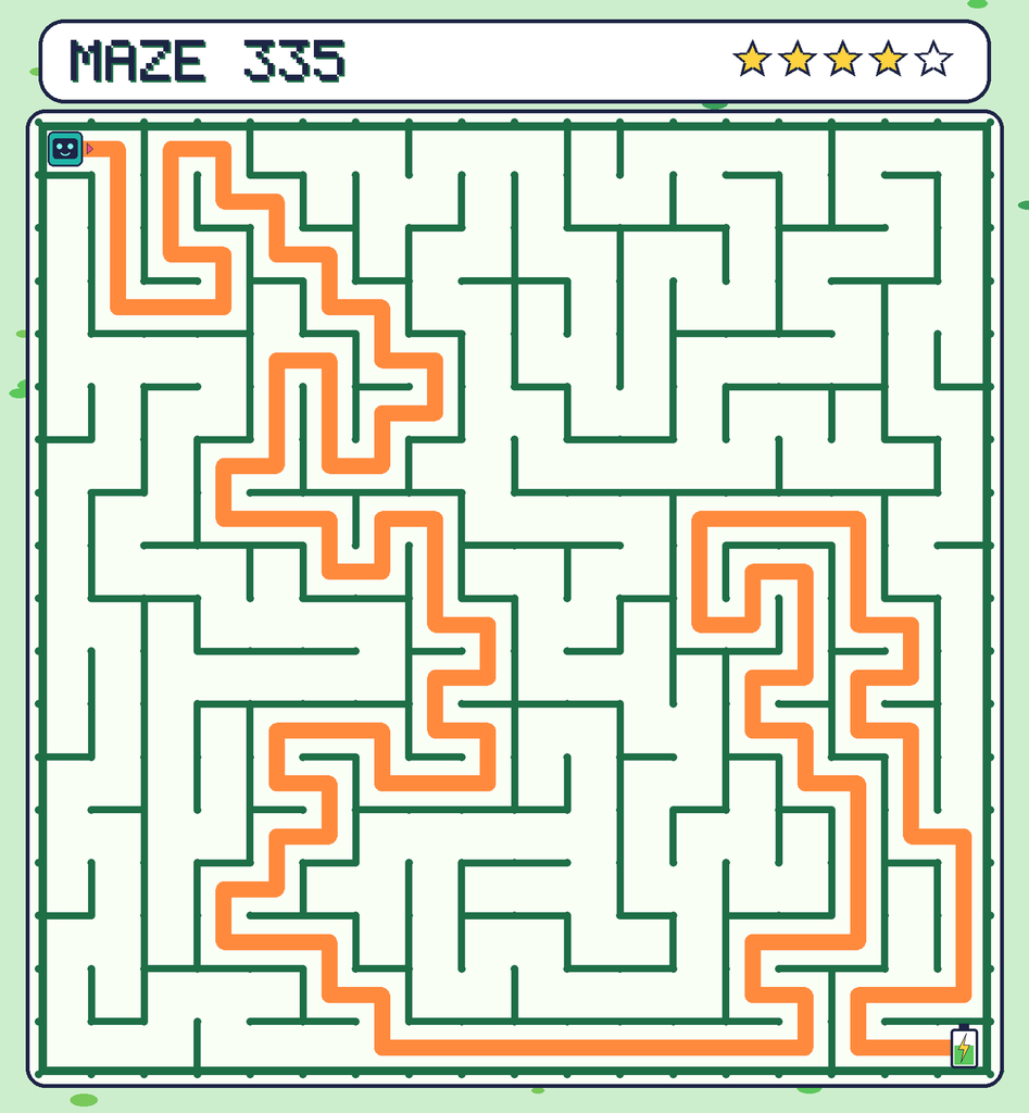 The solved maze 335 with the route drawn as an orange line.