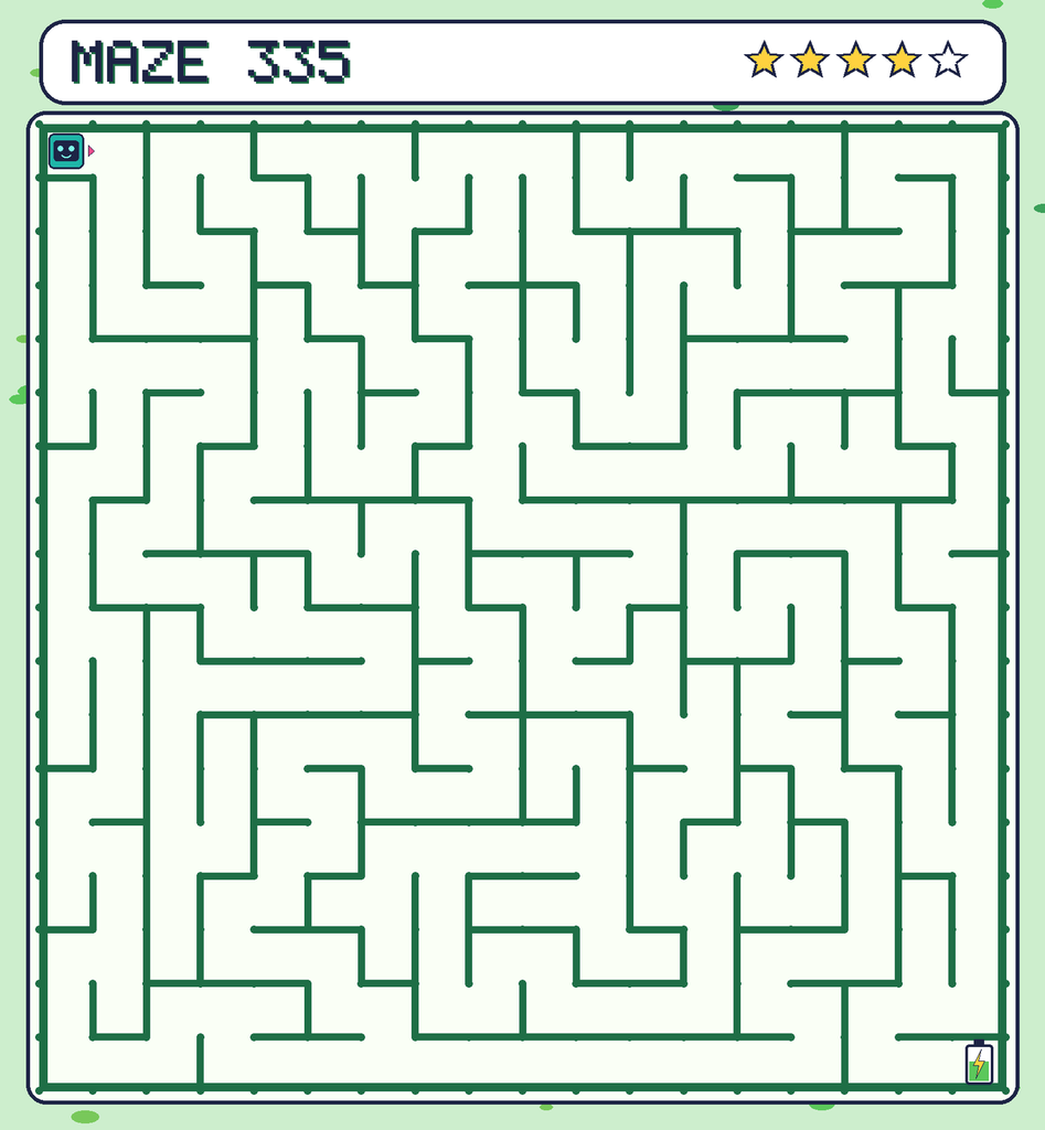 Maze 335. Beep starts in the top-left corner. The battery is in the bottom-right corner.
