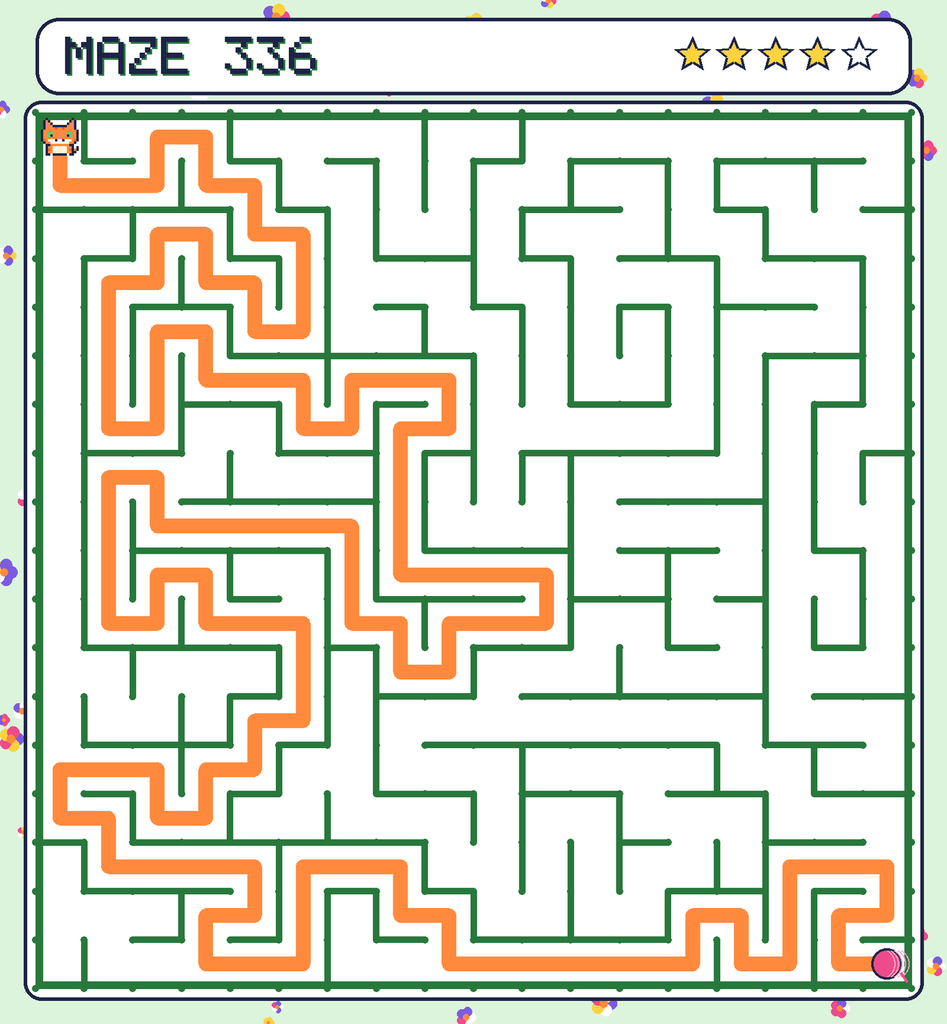 The solved maze 336 with the route drawn as an orange line.