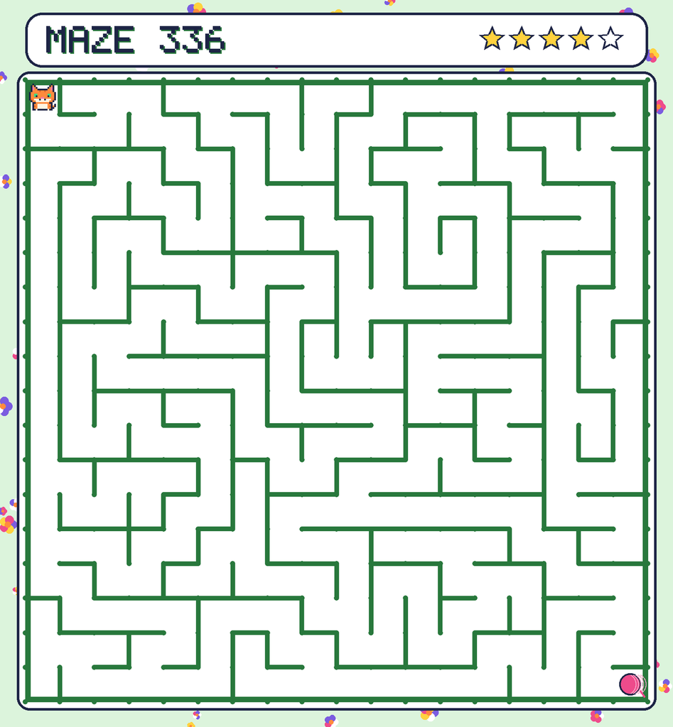 Maze 336. Pixel starts in the top-left corner. The ball of yarn is in the bottom-right corner.